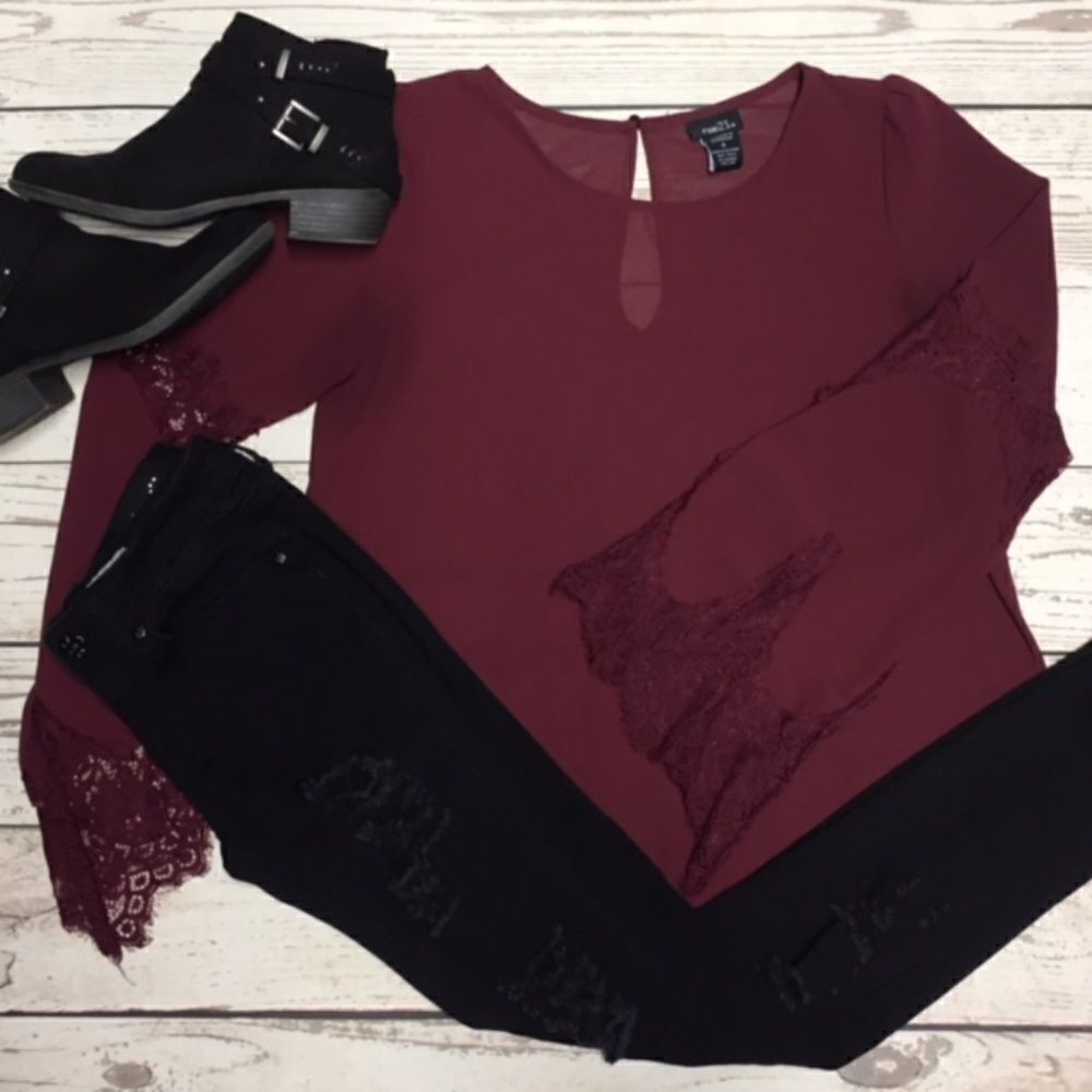 Rue 21 Lace Bell Sleeve Burgundy Top